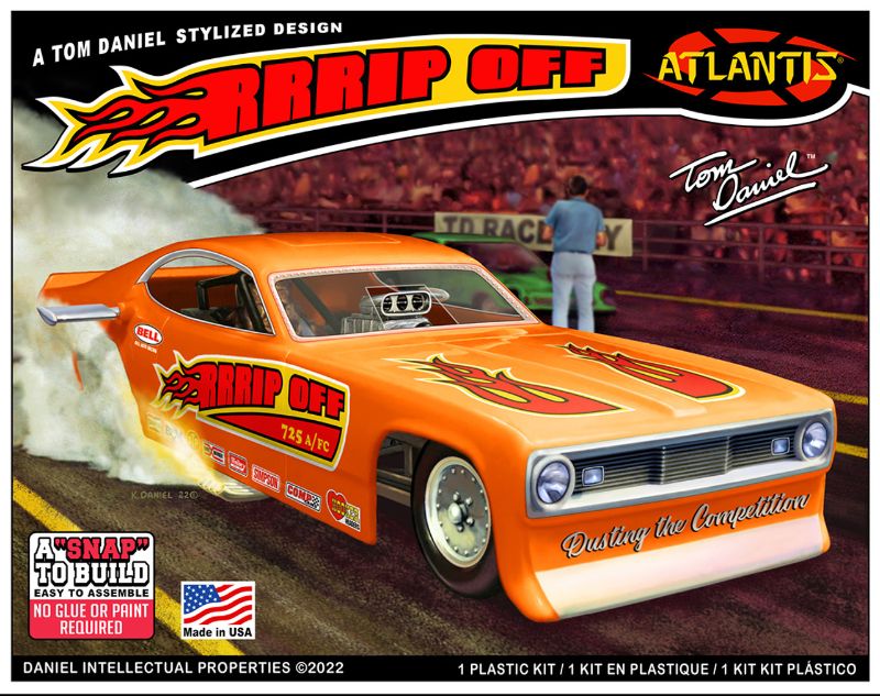 Detailed model kit of the Atlastic Plastic 1/32 'RRRRip Off' Funny Car featuring vibrant colors and a blown hemi engine.