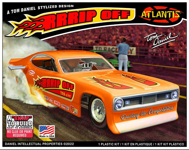 Detailed model kit of the Atlastic Plastic 1/32 'RRRRip Off' Funny Car featuring vibrant colors and a blown hemi engine.