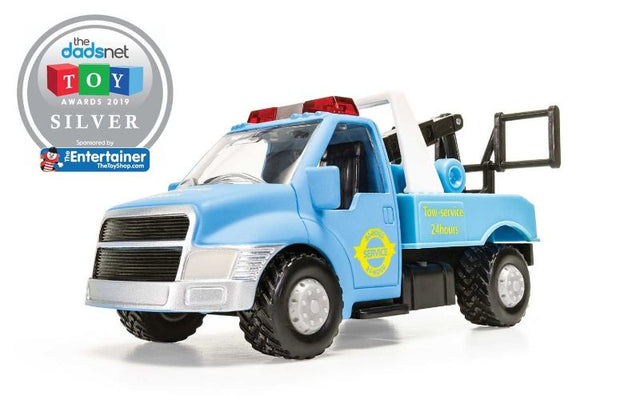 Diecast Tow Truck with articulating towing arm, durable for play, perfect for collectors and vehicle enthusiasts.
