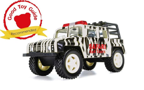 Diecast 4x4 off-road safari vehicle in black and white camouflage, perfect for adventurous play and collecting.