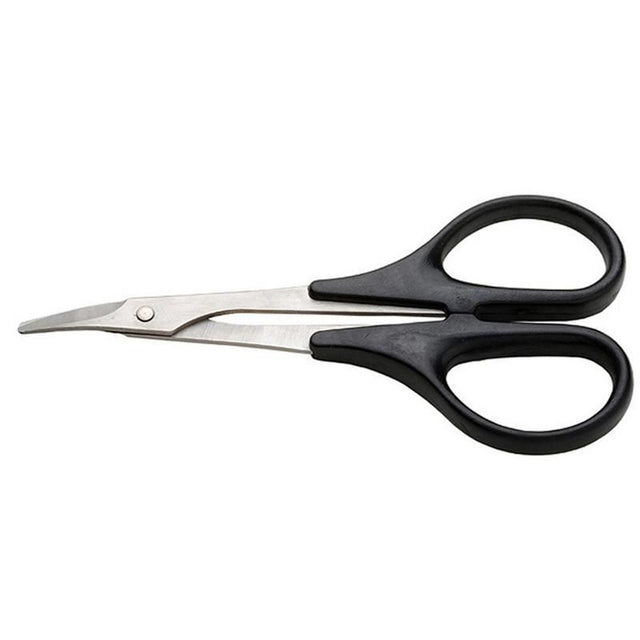 Curved stainless steel scissors designed for precise cutting of polycarbonate and lightweight materials, featuring an ergonomic soft grip handle.