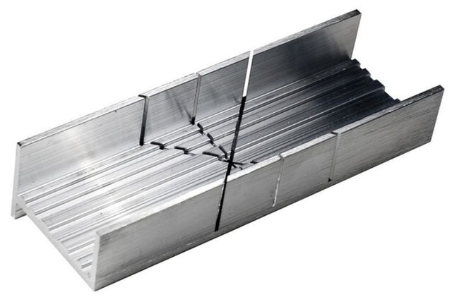 Aluminium mitre box for precise 45° and 90° cuts in wood, plastic, and metal, ideal for hobbyists and professionals.