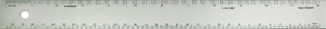 Aluminum 12-inch conversion ruler with 1/16 inch and millimeter scales, ideal for accurate measurements in various crafts.