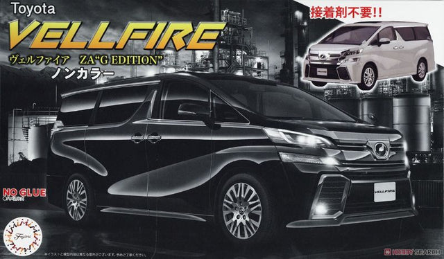 1/24 scale plastic model kit of the Toyota Vellfire ZA G, designed for creative hobbyists aged 10+, requires glue and paint for assembly.