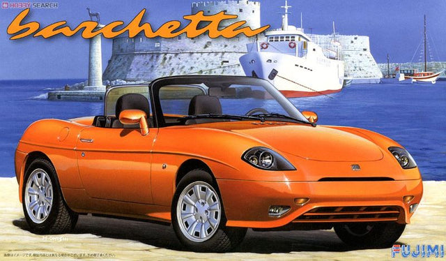 Model kit of the 1/24 scale Fiat Barchetta by Fujimi, unassembled with detailed components for creative assembly.