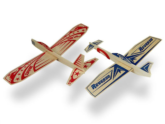 Two vibrant superhero-themed balsa wood gliders for kids, perfect for outdoor play and imaginative adventures.