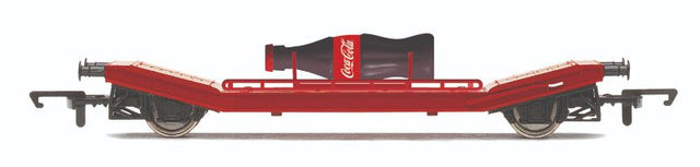 Hornby Lowmac wagon in vibrant Coca-Cola livery, perfect for enhancing model train layouts with iconic style.