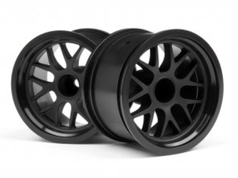Black BBS 48x34mm radio control rear wheels for enhanced grip and performance on Falken Porsche 911 GT3 RSR Sprint 2.