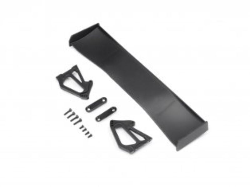 Black 1/10 GT Wing set for Porsche 911, enhancing aerodynamics and speed for RC racing enthusiasts.