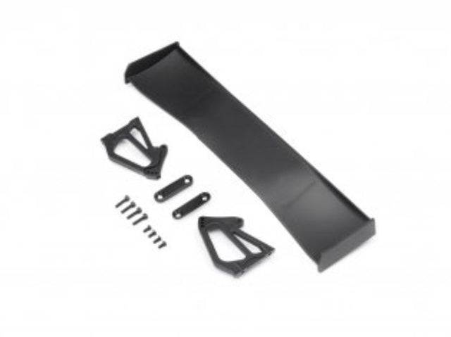 Black 1/10 GT Wing set for Porsche 911, enhancing aerodynamics and speed for RC racing enthusiasts.