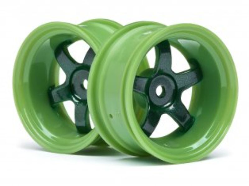 Glossy green 1/10 scale Work Meister S1 wheels with 9mm offset, designed for RC racing with precision grip and style.