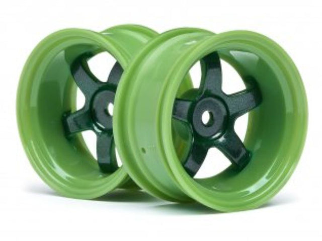 Glossy green 1/10 scale Work Meister S1 wheels with 9mm offset, designed for RC racing with precision grip and style.