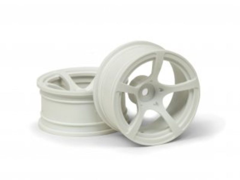R5 9mmOS White RC wheels for Subaru BRZ, enhancing drift performance with a sleek white finish and optimal alignment.