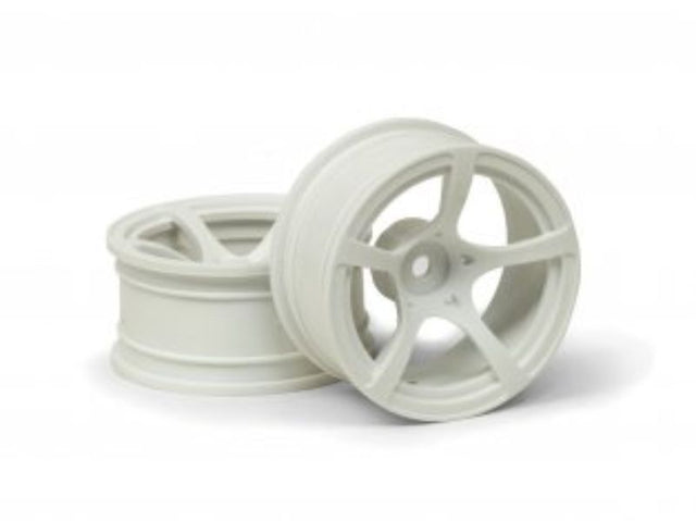 R5 9mmOS White RC wheels for Subaru BRZ, enhancing drift performance with a sleek white finish and optimal alignment.