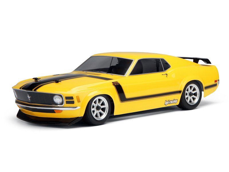 1/10 scale '70 Mustang Boss 302 radio control body for 200mm cars, featuring detailed decals and durable polycarbonate design.