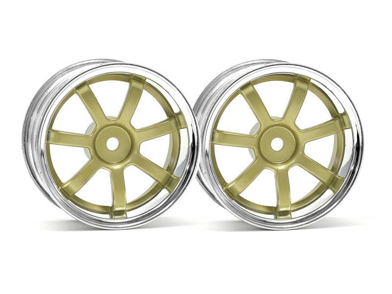 RAYS 26mm gold and chrome wheels for 1/10 RC cars, offering improved grip, performance, and a stylish wider stance.