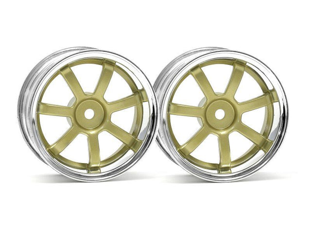 RAYS 26mm gold and chrome wheels for 1/10 RC cars, offering improved grip, performance, and a stylish wider stance.