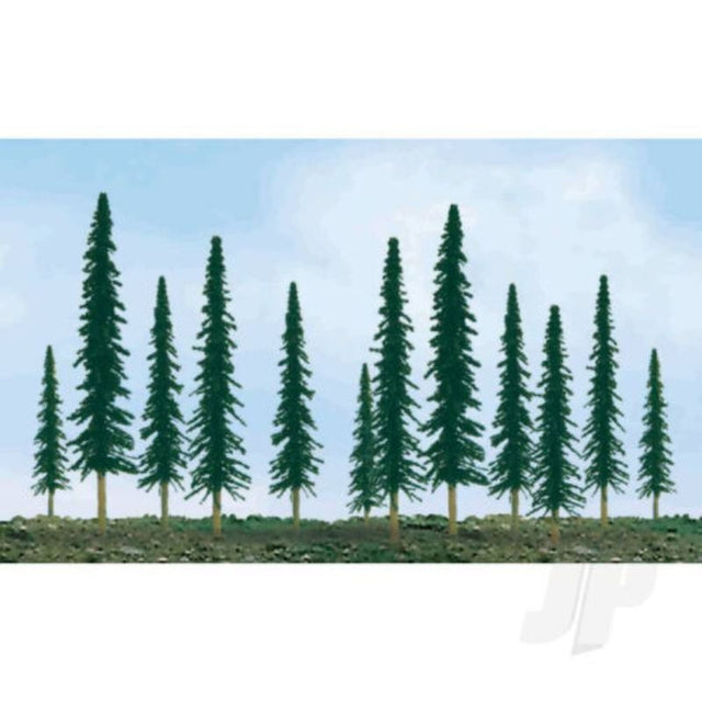 Pack of 12 realistic conifer trees (154-1254mm) for enhancing model railways and landscapes with vibrant greenery.