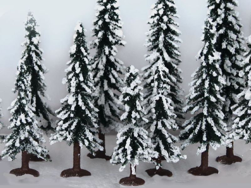 Detailed snow-dusted evergreen pine trees, 75-150mm, ideal for enhancing miniature landscapes and dioramas (12 pack).