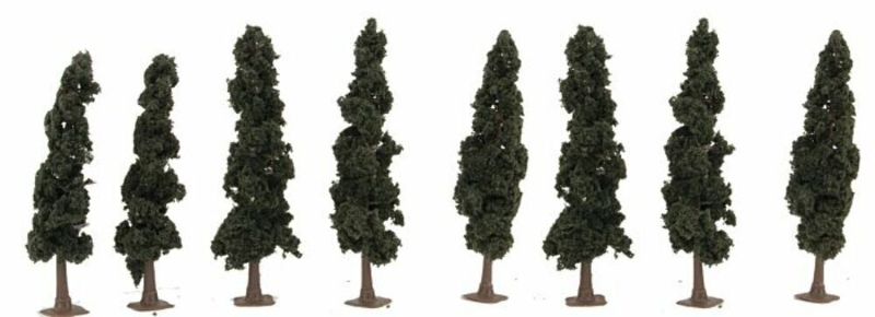 Set of 8 realistic 4-4.5" conifer trees, perfect for model trains and dioramas, featuring lush foliage and detailed bark.