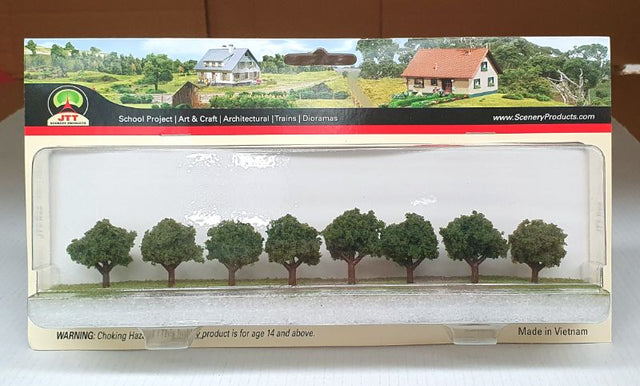Small deciduous trees, 3/4 to 1 inch, perfect for dioramas and layouts, featuring lifelike details and vibrant colors.