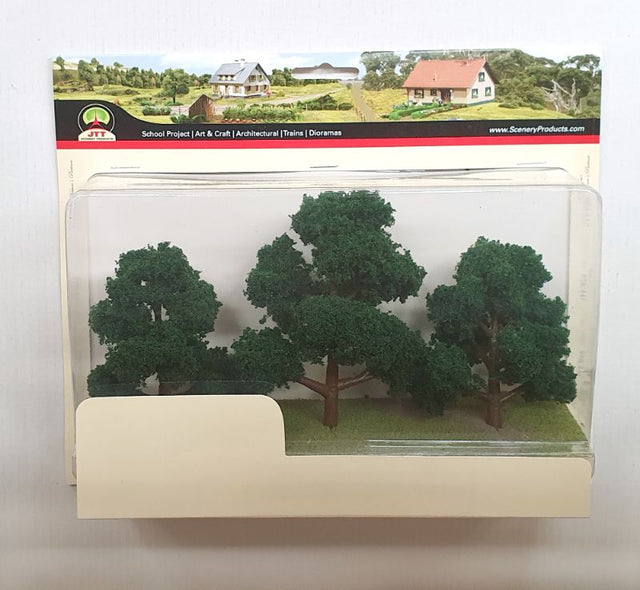 Dark green deciduous trees, 4-5 inches tall, in a pack of 3 for realistic model scenery and dioramas.