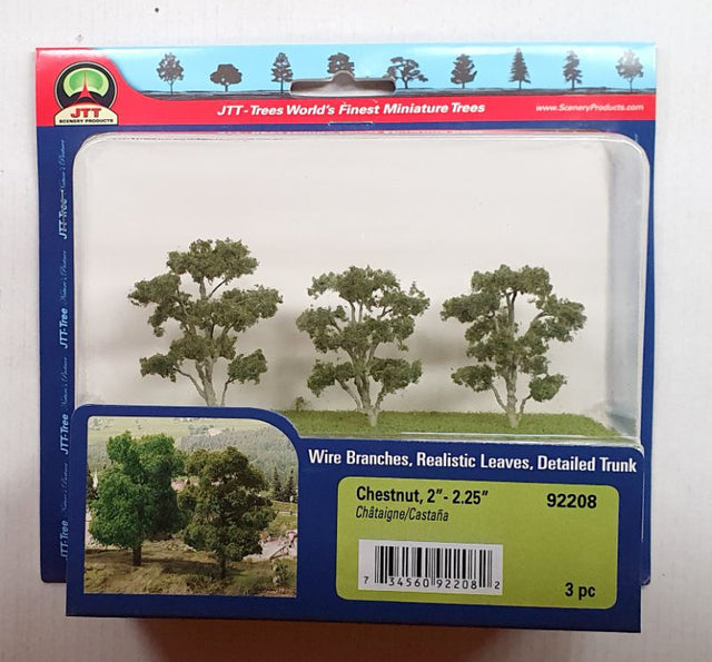Set of three detailed chestnut trees, 50-57mm tall, perfect for enhancing model landscapes and dioramas.