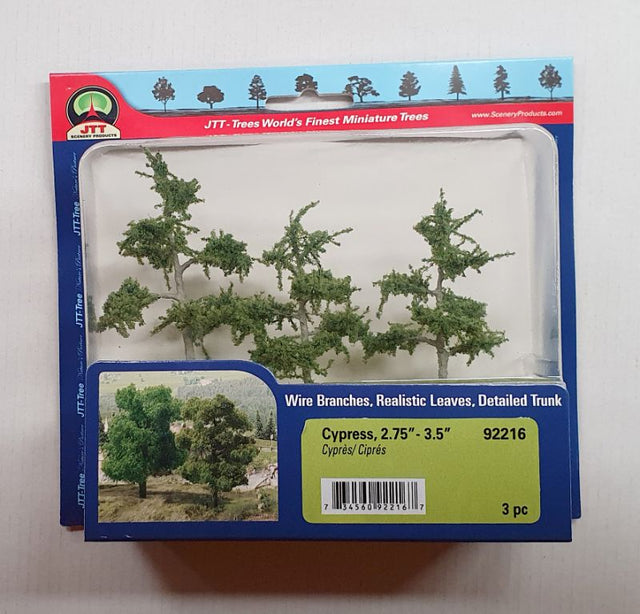 Three realistic cypress trees (70-89mm) designed for model scenery, featuring detailed trunks and vibrant green foliage.