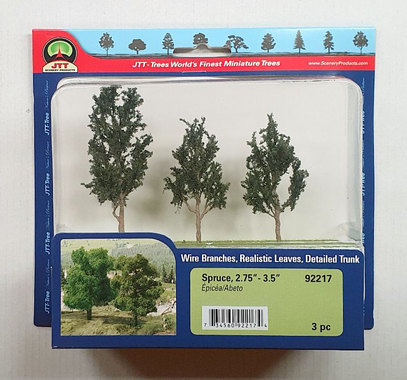 Realistic JJT Model Scenery spruce trees, 70-89mm, perfect for enhancing model landscapes and dioramas. Pack of three.