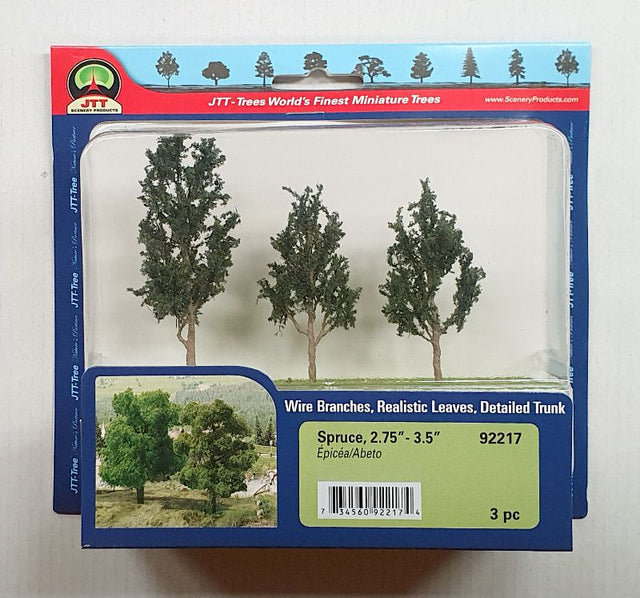 Realistic JJT Model Scenery spruce trees, 70-89mm, perfect for enhancing model landscapes and dioramas. Pack of three.