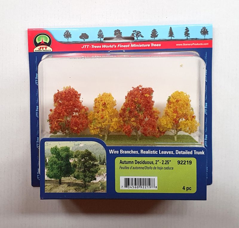 Autumn deciduous model trees in vibrant hues, 50-57mm, perfect for dioramas and railway layouts.