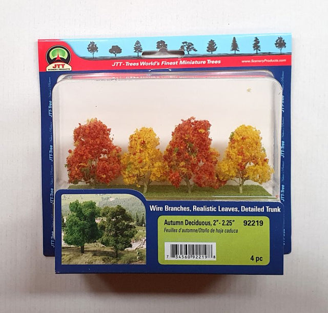 Autumn deciduous model trees in vibrant hues, 50-57mm, perfect for dioramas and railway layouts.
