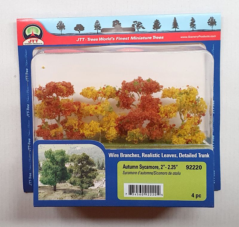 Realistic JJT Autumn Sycamore trees (57-63mm) with vibrant fall foliage for enhancing model landscapes and dioramas.
