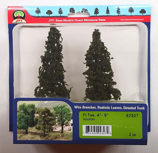 Two detailed fir trees, each 101.6mm tall, designed to enhance model railways and dioramas with realism and vibrant colors.