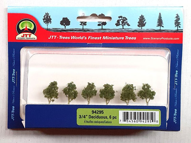 Realistic 19.05mm deciduous trees for model railways and dioramas, enhancing miniature landscapes with vibrant foliage.