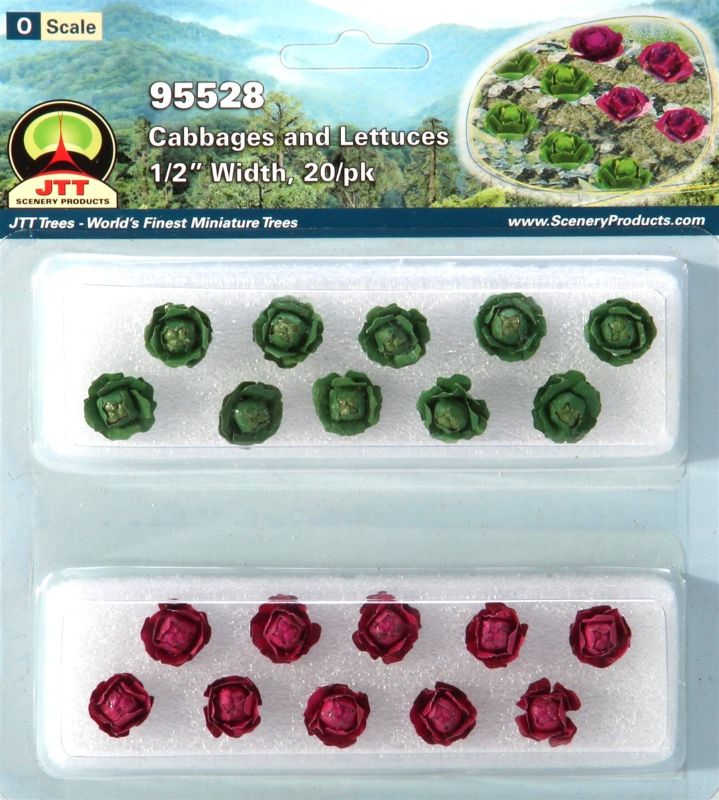 Realistic 12mm cabbage lettuce models in a 20-pack, perfect for enhancing O scale dioramas and railway layouts.