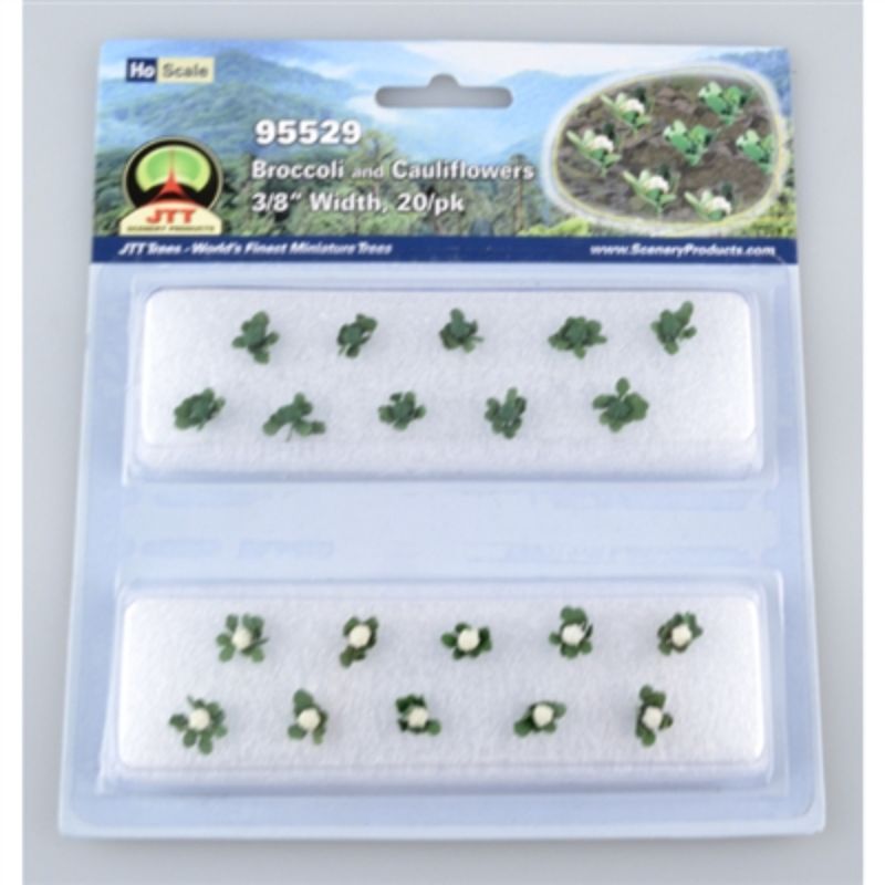 Realistic HO scale broccoli cauliflowers, vibrant green foliage pack of 20 for enhancing model railway dioramas.