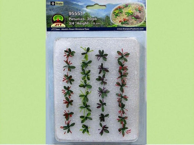 Vibrant JJT Model Scenery O: 19mm Petunias (40) adding color and realism to model landscapes and dioramas.