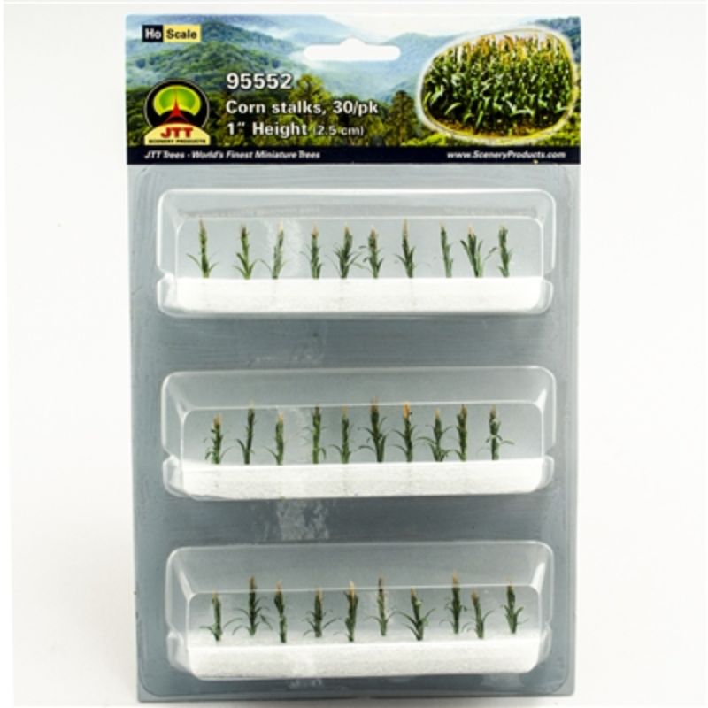 Intricately detailed 25mm corn stalks for HO scale models, perfect for enhancing railway and diorama scenery with realism.