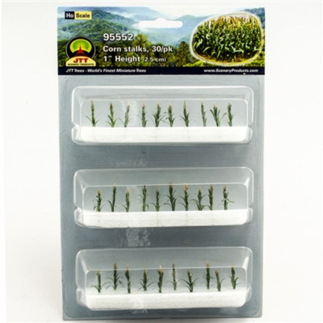 Intricately detailed 25mm corn stalks for HO scale models, perfect for enhancing railway and diorama scenery with realism.