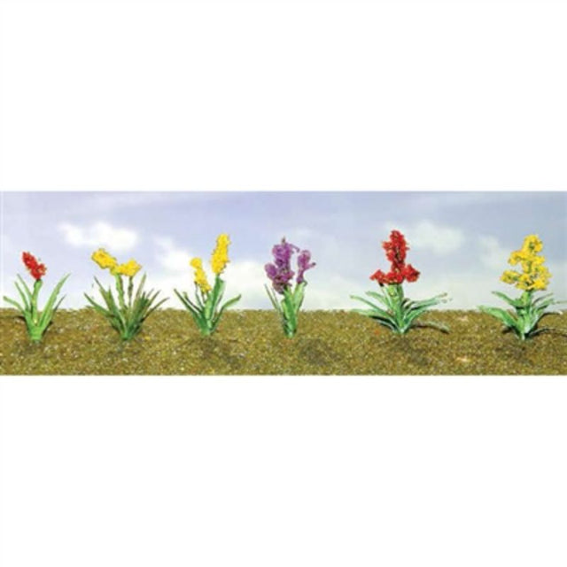 Colorful set of 12 detailed flower plants for HO scale model scenery, enhancing dioramas and train layouts.