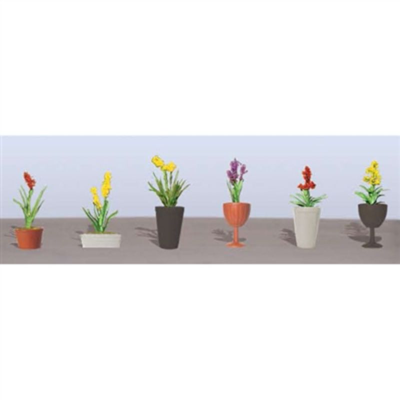 Colorful assortment of 6 potted flowering plants for HO scale model railways and dioramas, enhancing realistic scenery.