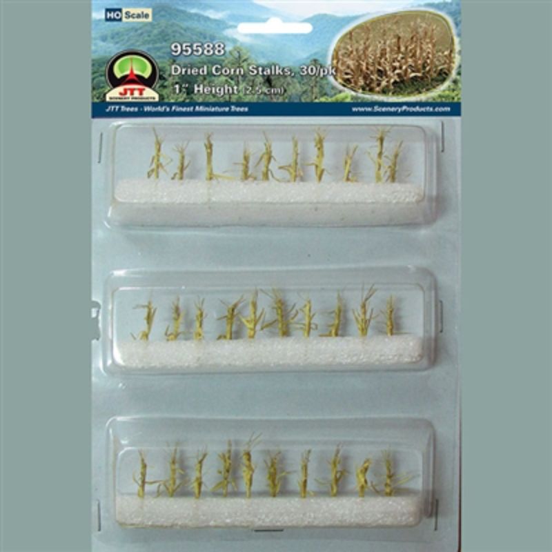 Realistic HO scale dried corn stalks set, featuring 30 detailed pieces for authentic model landscapes and dioramas.