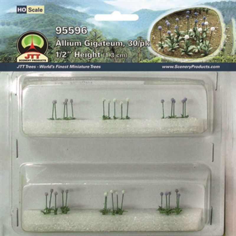 Colorful JJT Allium Gigateum set for HO scale model scenery, includes 30 detailed, realistic flowers for vibrant dioramas.