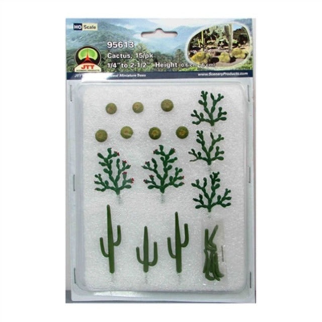 Lifelike JJT Model Scenery HO scale cactus set includes 15 durable, detailed models for realistic desert dioramas.