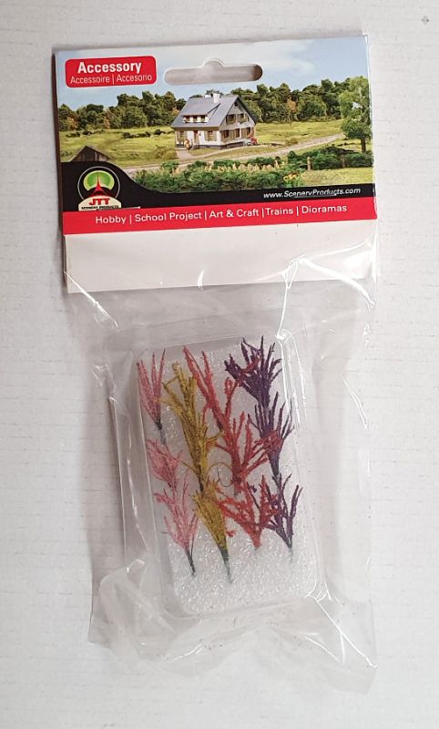 Colorful JJT Model Scenery Flower Bushes in Road Pink, Yellow, and Purple, perfect for vibrant model landscapes.