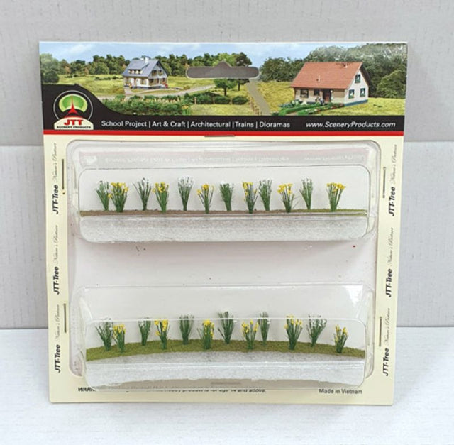 Vibrant 6mm daffodils and snow drops for model scenery, perfect for enhancing railway layouts and dioramas.