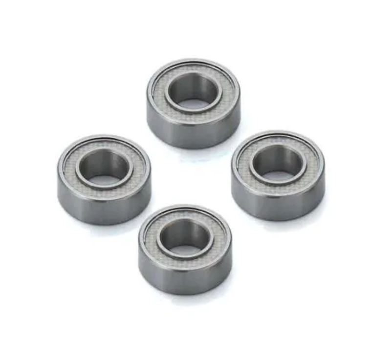Teflon-coated 10X5 ball bearings, four-pack, enhances RC model performance and durability with reduced friction.