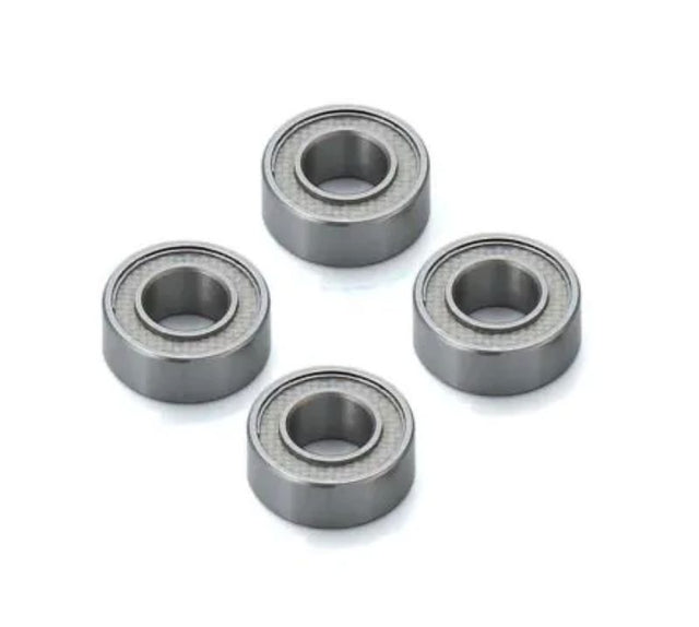 Teflon-coated 10X5 ball bearings, four-pack, enhances RC model performance and durability with reduced friction.
