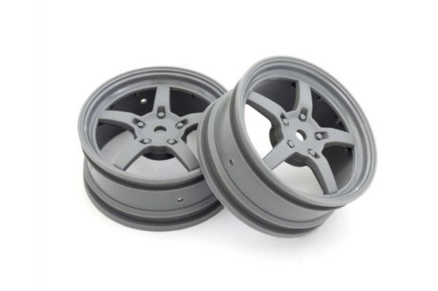 5-spoke grey wheels for 1/10 scale RC cars, enhancing performance and style with durability and grip.